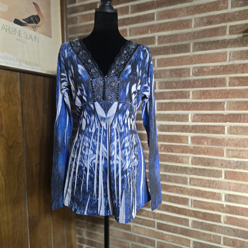 ONE WORLD Blue and Black Patterned Tunic